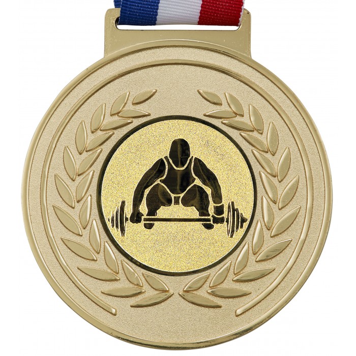100MM WEIGHTLIFTING MEDAL & RIBBON - OLYMPIC SIZED - GOLD